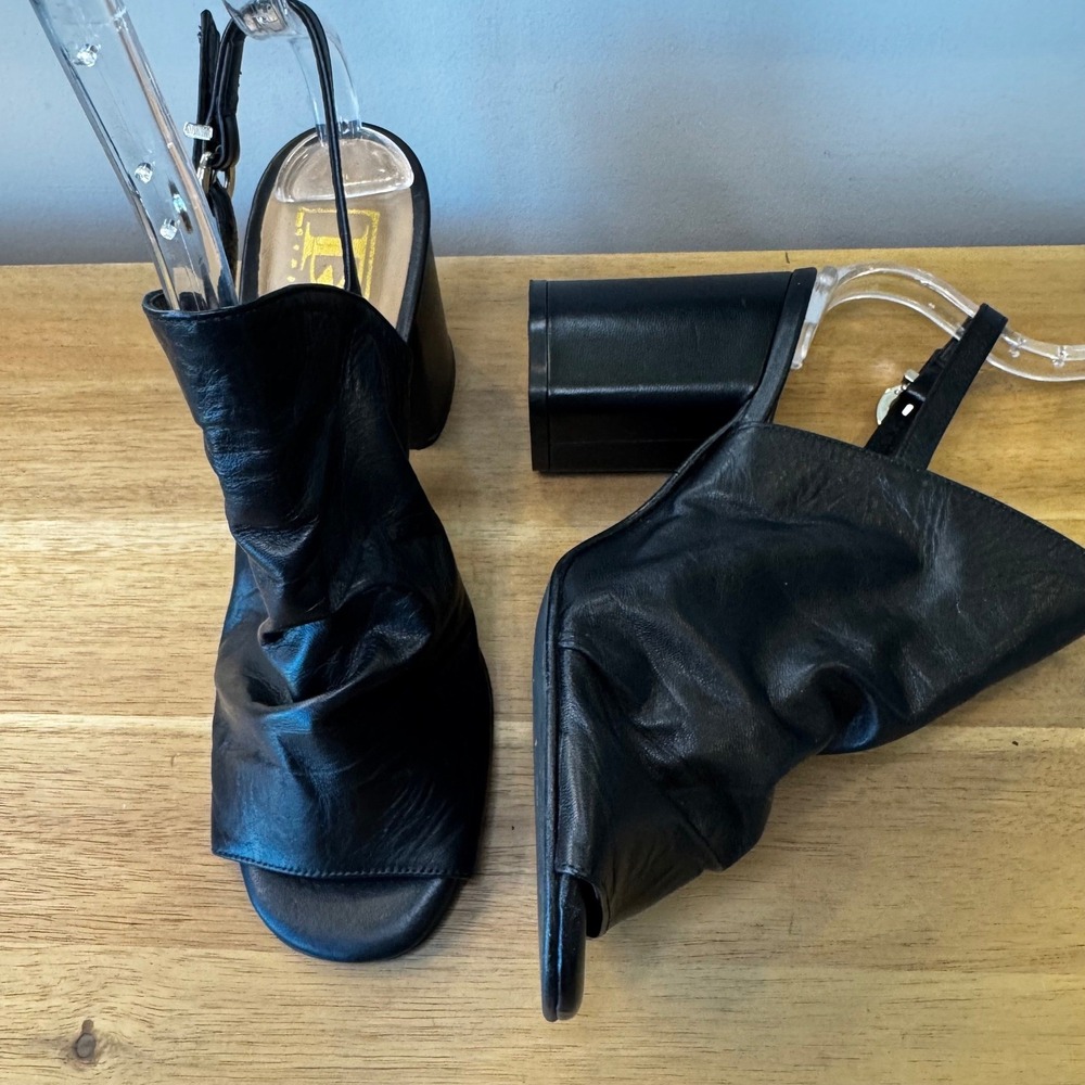 DR Comfort Women 6.5 EU 37 Black Ruch Leather Slingback Block Heel Sandals Italy